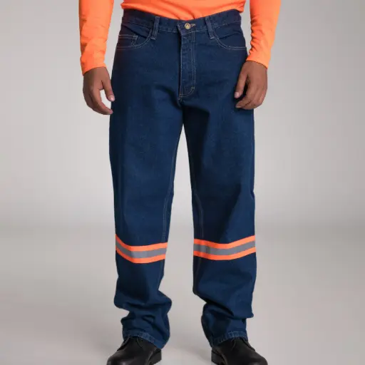 [PAMC] PANTALON MEZCLILLA 14 OZ CABALLERO UNILINE AZUL STONE CON CINTA HI-VIS 